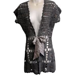 Boston Proper | XS Smoky Gray Lacy Crochet Look Open Weave Cardigan, Fabric Bow